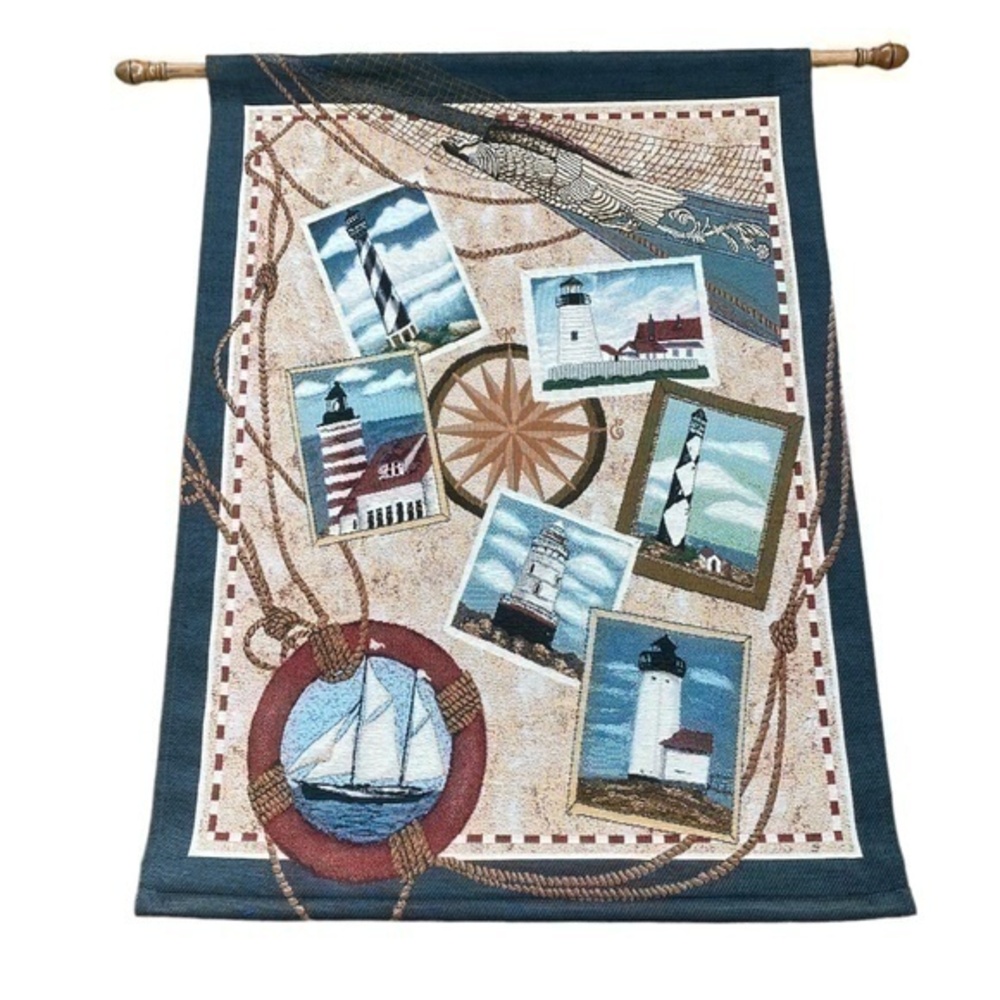 Vintage Tapestry Harbor Lights Wall Hanging Nautical Theme Made in USA
